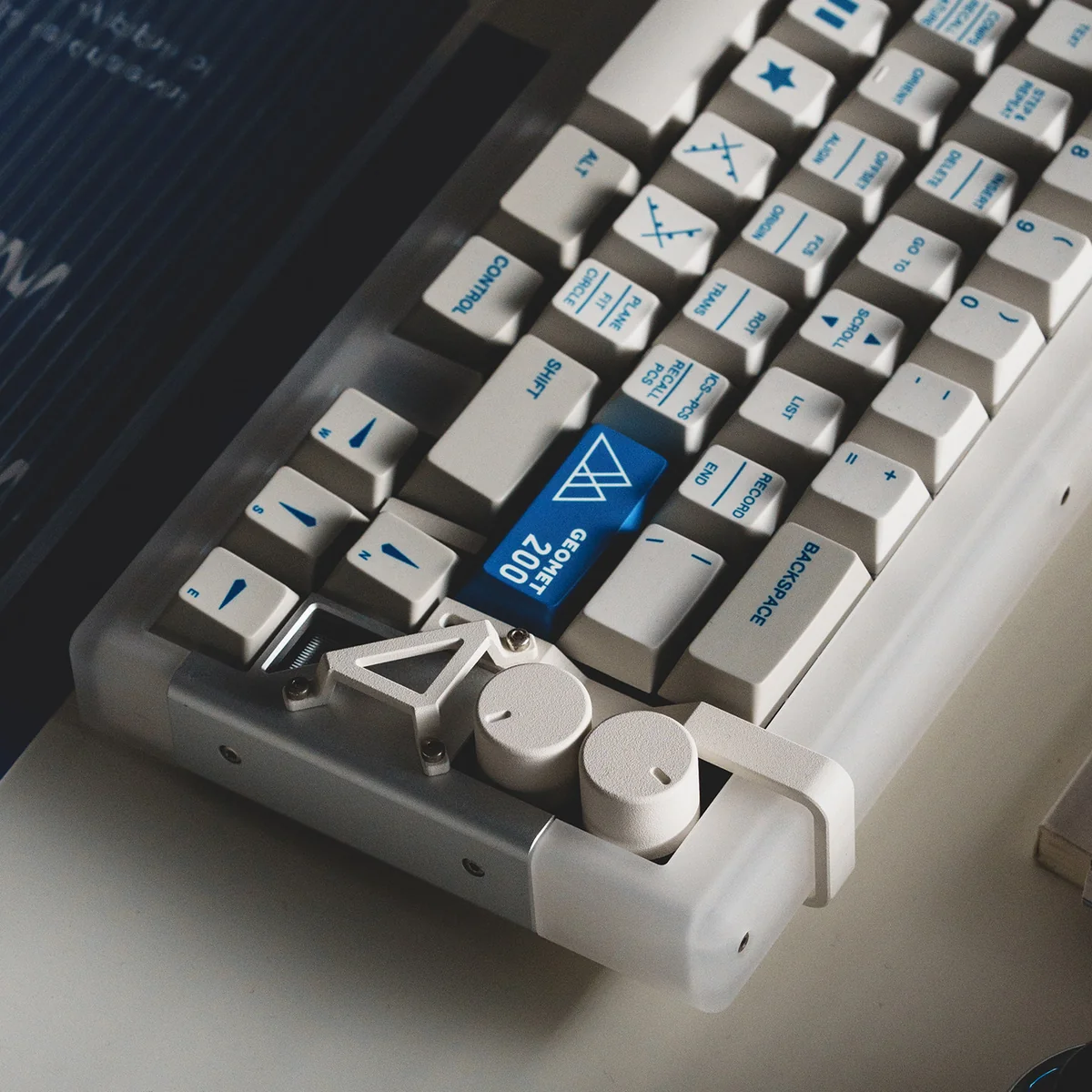 Retro Geometric PBT Dye-Sub Keycaps in Cherry Profile, captured from multiple angles, showcasing their distinctive vintage patterns and durable matte finish.
