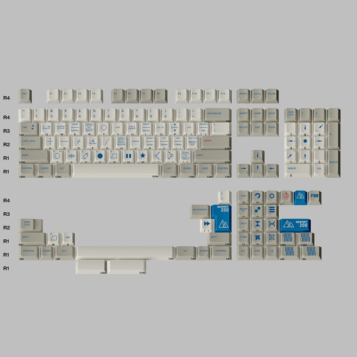 Distinctive Retro Geometric PBT Dye-Sub Keycaps Set, showcasing classic vintage patterns and matte durable finish from various angles.