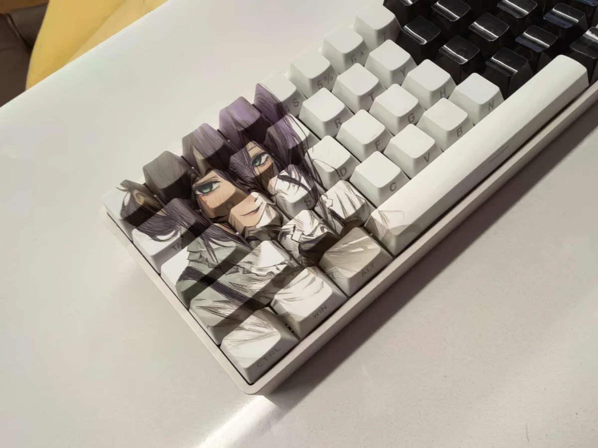 Exclusive Reze Chainsaw Man PBT dye-sub keycap set, showcasing vibrant character art from a unique angle, highlighting the explosive design.