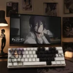Exclusive Reze Chainsaw Man PBT dye-sub keycap set, showcasing characters keys with explosive Reze character art from multiple artistic angles.