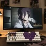 Exclusive Reze Chainsaw Man PBT dye-sub keycap set, showcasing vibrant character art with explosive motifs from a unique angle.