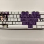 Artistic close-up of the exclusive Reze Chainsaw Man PBT dye-sub keycap set, showcasing vibrant hues and explosive character art.