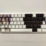 Exclusive Reze Chainsaw Man PBT dye-sub keycap set, showcasing characters keys with explosive Reze character art from a unique angle.