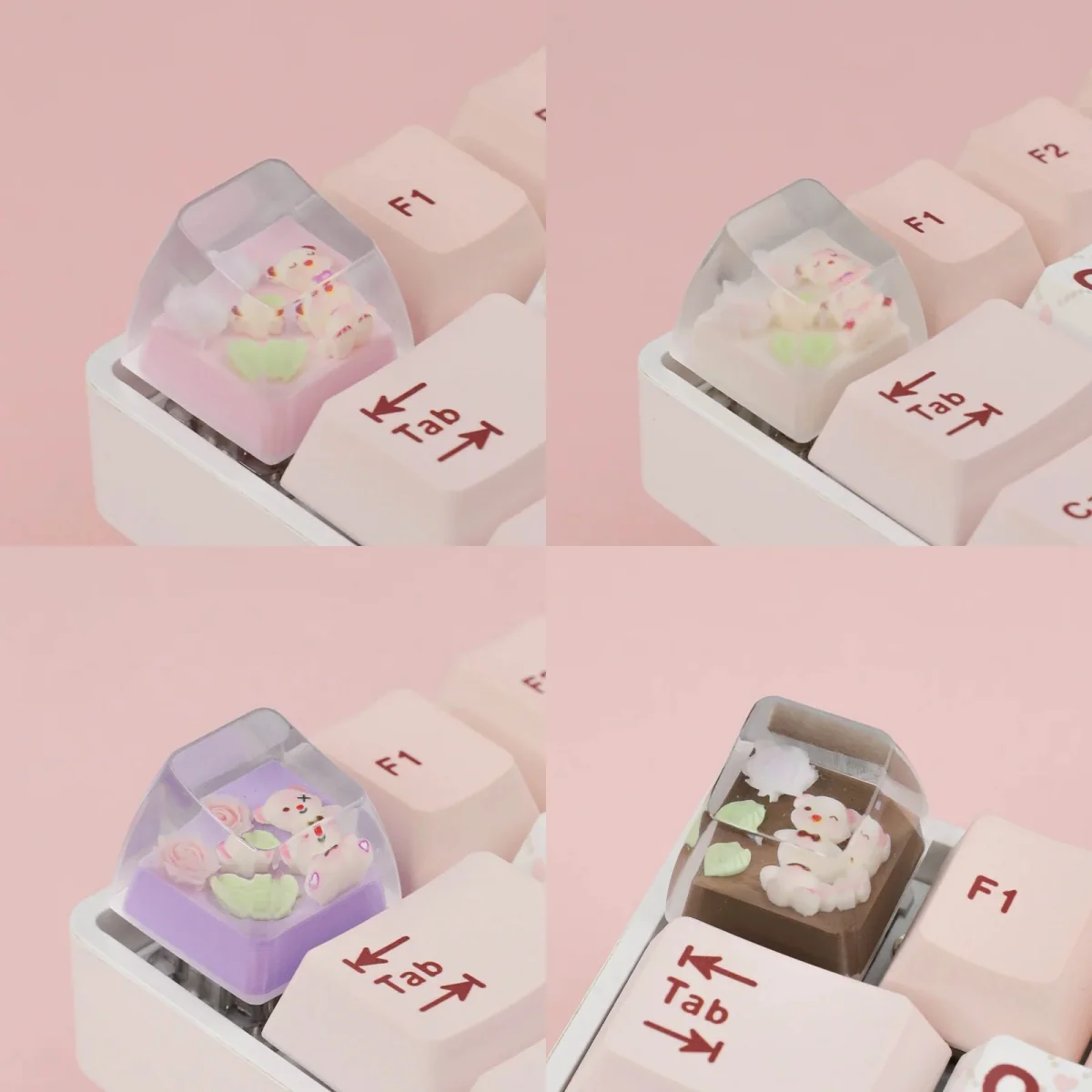 An enchanting handcrafted resin artisan keycap featuring a whimsical pastel rose bear, highlighting its unique translucent design and artistic details.