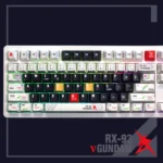 Premium Iconic RX-93 ν Gundam PBT Dye-Sub Keycaps. Multiple angles reveal futuristic mecha design, detailed robotic elements, vibrant RX-93 colors.