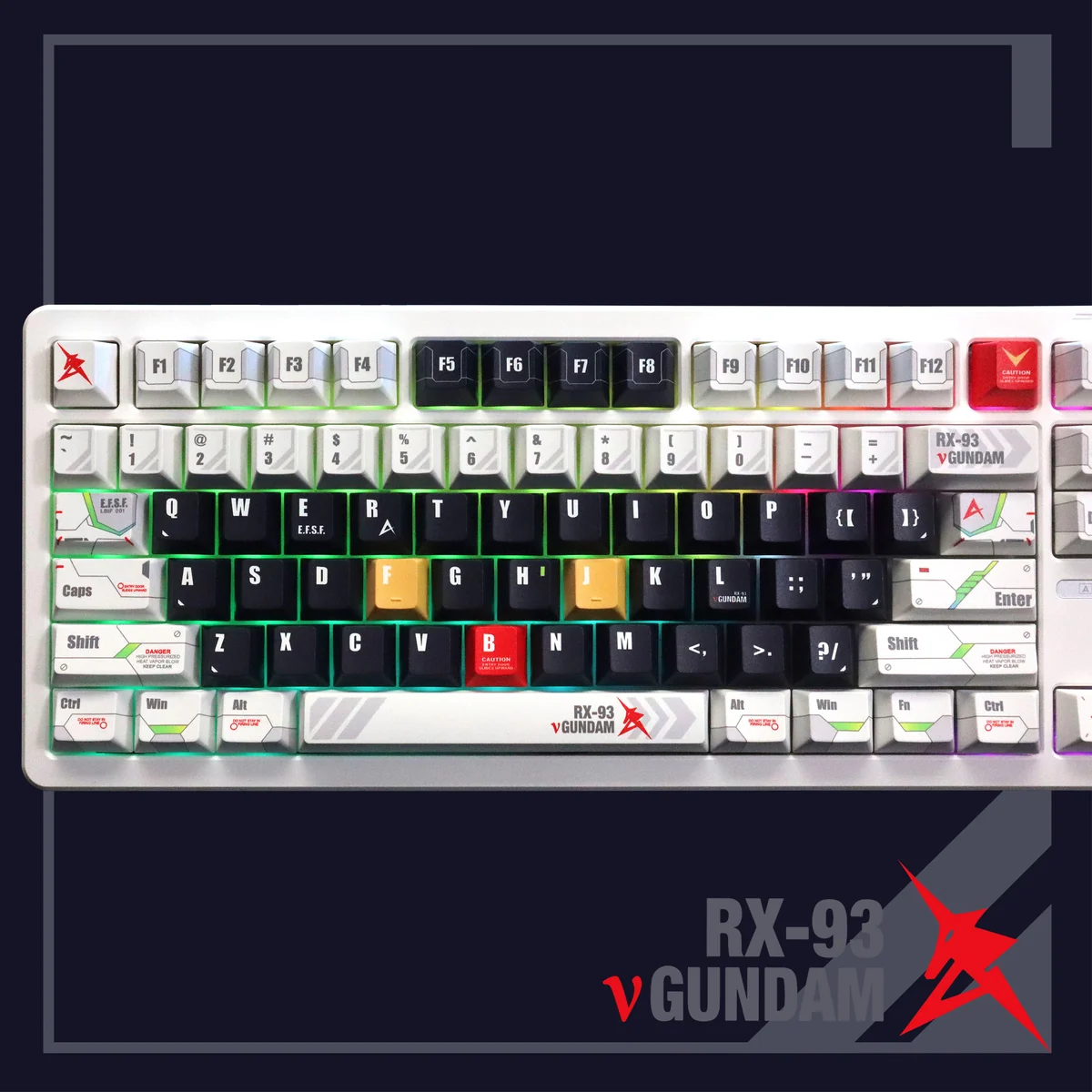 Premium Iconic RX-93 ν Gundam PBT Dye-Sub Keycaps. Multiple angles reveal futuristic mecha design, detailed robotic elements, vibrant RX-93 colors.