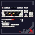 Close-up of the premium Iconic RX-93 ν Gundam PBT Dye-Sub Keycap Set, showcasing its futuristic mecha aesthetics and detailed robotic designs.