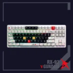 Iconic RX-93 ν Gundam PBT Dye-Sub keycap set displayed, showcasing detailed futuristic mecha aesthetics and vibrant colors.