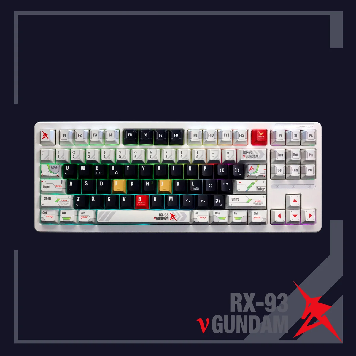 Iconic RX-93 ν Gundam PBT Dye-Sub keycap set displayed, showcasing detailed futuristic mecha aesthetics and vibrant colors.