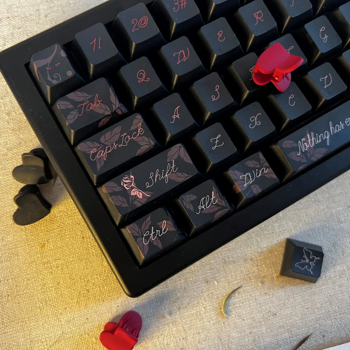 Crush Keycap Set Cherry profile, showcasing soft pastel colors and delicate gradients from multiple artistic angles, embodying its sweet aesthetic.