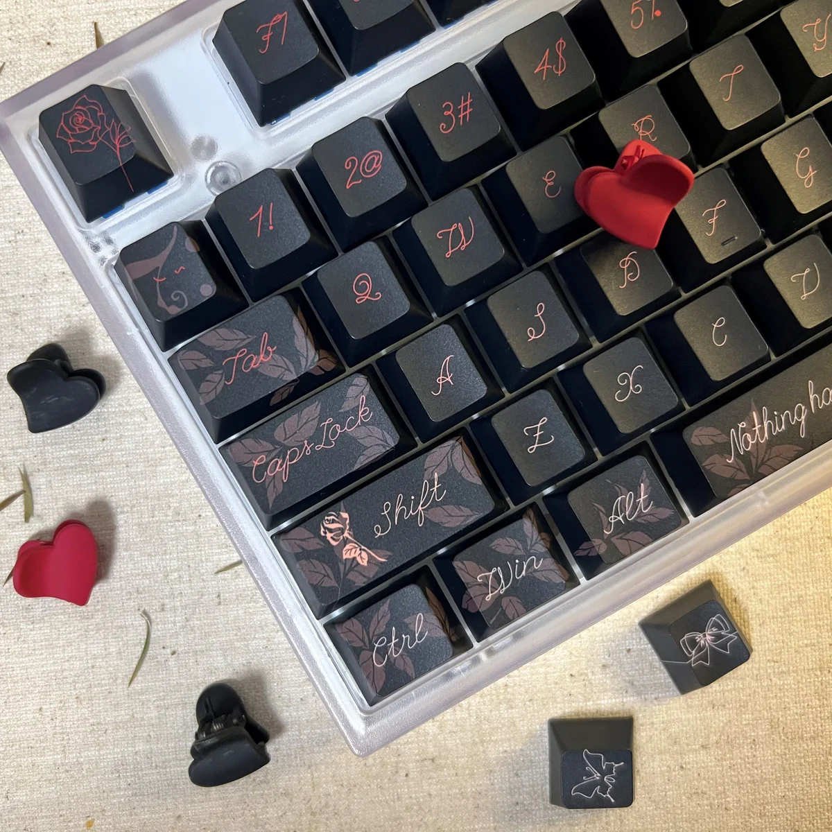 Crush Keycap Set, Cherry profile, from multiple angles. Highlights its sweet aesthetic, soft pastel colors, delicate gradients, and romantic motifs.