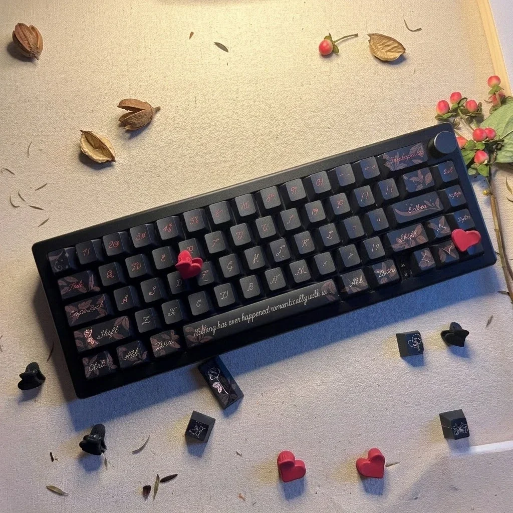 Crush Keycap Set: sweet aesthetic Cherry profile keycaps in soft pastels, delicate gradients, and subtle romantic motifs, evoking innocent affection.
