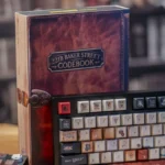 Immersive Sherlock Holmes PBT dye-sub keycap set, showcasing vintage detective aesthetics, cipher book motifs, and scholarly elegance from multiple angle.
