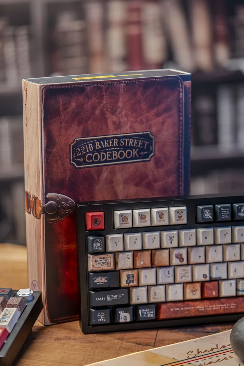 Immersive Sherlock Holmes PBT dye-sub keycap set, showcasing vintage detective aesthetics, cipher book motifs, and scholarly elegance from multiple angle.