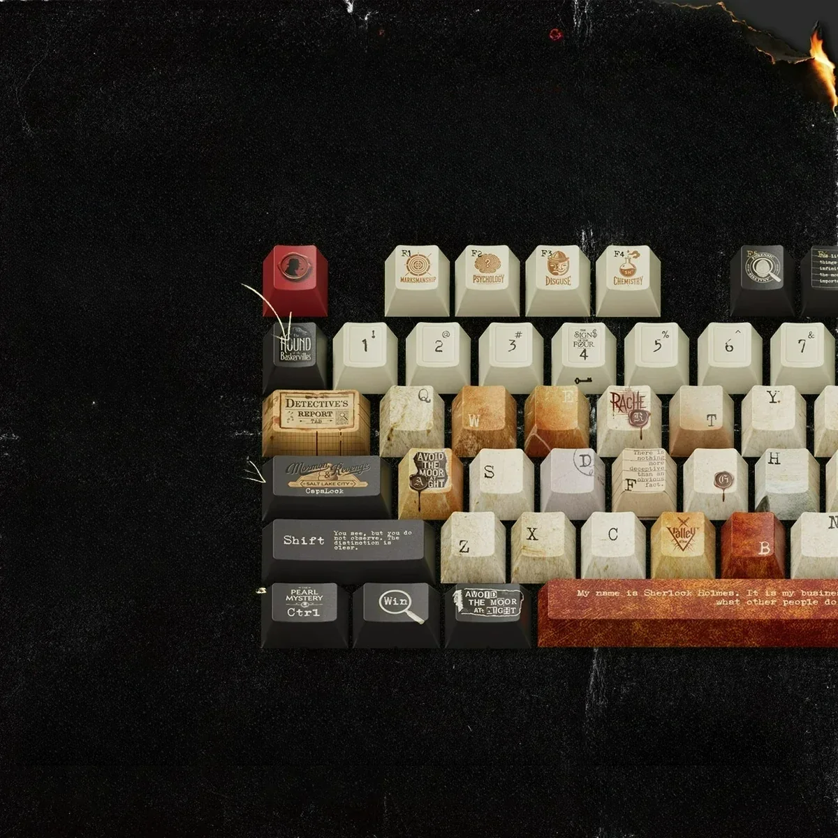 Sherlock Holmes PBT Keycaps set. Multiple angles display vintage detective aesthetic, intricate cipher book legends, and scholarly elegance, perfect for fans.