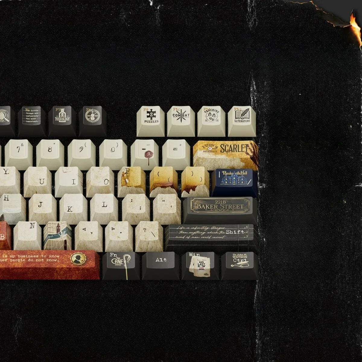 Immersive Sherlock Holmes PBT Dye-Sub Keycaps Set, showcasing vintage detective motifs and cipher book designs from a refined, scholarly angle.