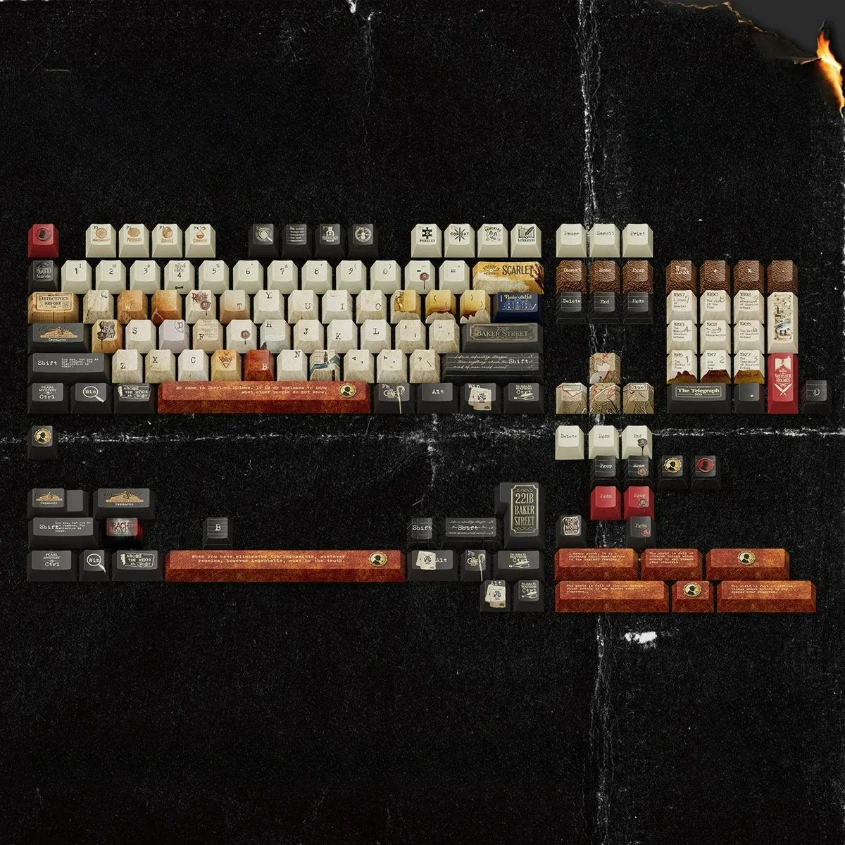 Immersive Sherlock Holmes PBT keycaps set: 221B Baker Street cipher book design, a full 140-key set for a vintage detective aesthetic.