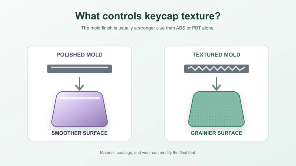 Diagram comparing polished and textured molds that create smoother and grainier keycap surfaces.