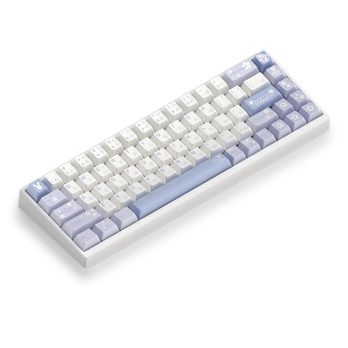 Exclusive Sora Kasugano pearlescent PBT keycaps. Detailed view from a new angle, revealing the ethereal anime artistry and iridescent shimmer.