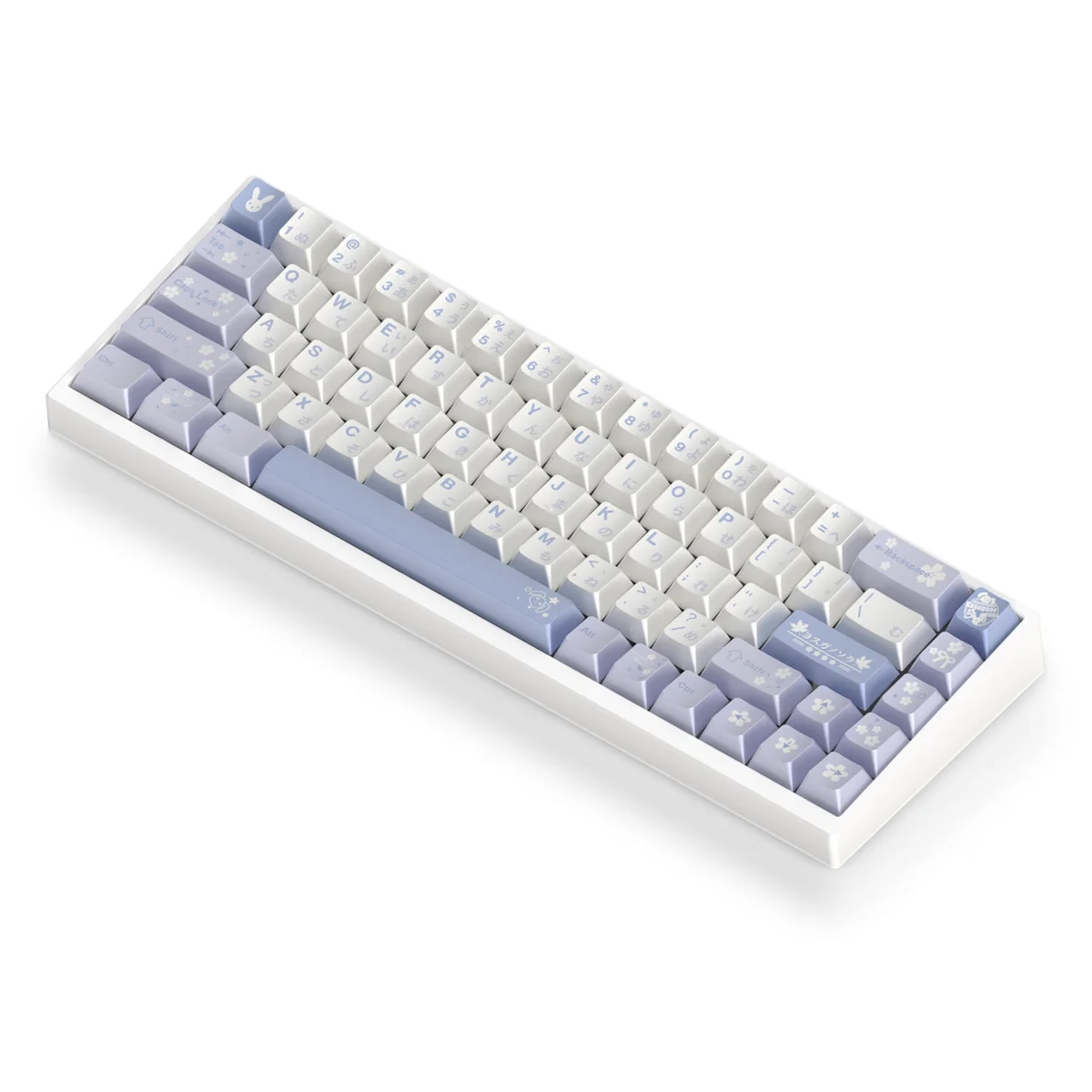 An artistic shot of the Sora Kasugano pearlescent PBT keycap set, displaying its unique anime aesthetic and shimmering iridescent finish from different angles.