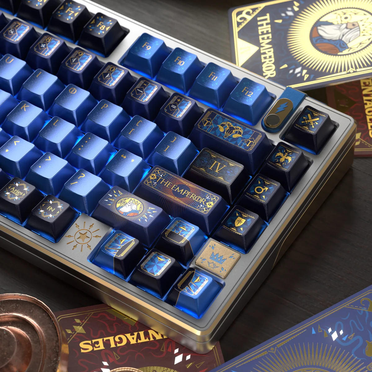 Detailed view of The Emperor Tarot Metallic PBT Keycaps, highlighting the unique regal Tarot iconography and luxurious dark metallic finish.