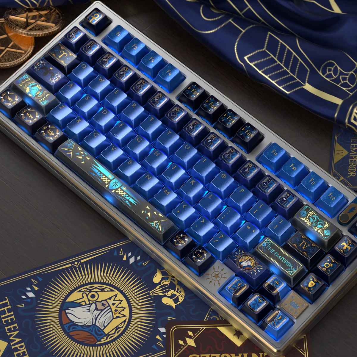 The Emperor Tarot Metallic PBT Keycaps Set, exhibiting its regal dark metallic finish and intricate Tarot card iconography across the full collection.