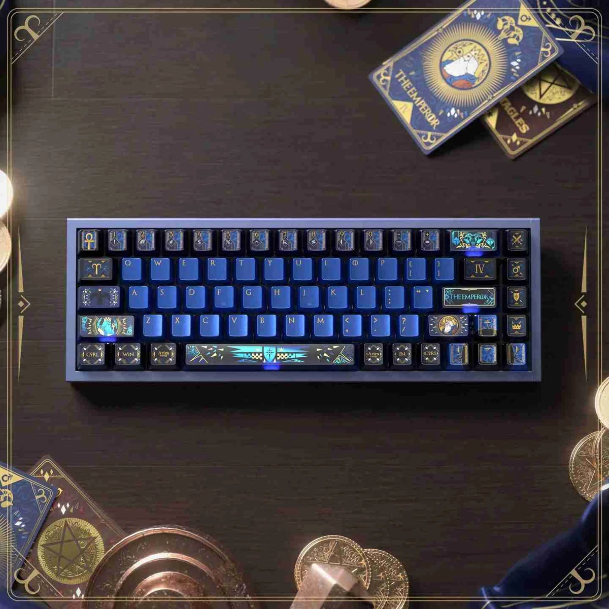 A full set of The Emperor Tarot Metallic PBT Keycaps displayed, featuring dark, regal iconography and intricate detailing for a premium keyboard aesthetic.