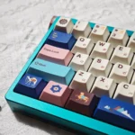 Authentic Tibetan Root Letter PBT Dye-Sub keycap set for serenity, showcasing vibrant cultural calligraphy and serene Jataka motifs from various angles.