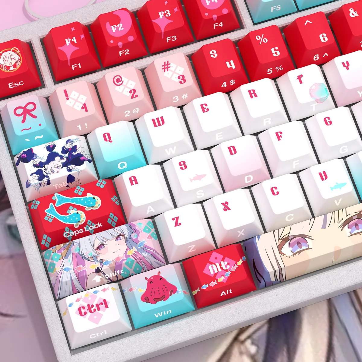 Tsukimi Yachiyo Side-Lit PBT Keycap Set, side-engraved PBT keycaps with elegant Japanese Kanji and a celestial glow.