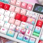Tsukimi Yachiyo PBT keycap set, showcasing side-engraved Kanji and celestial side-lit aesthetic from diverse angles.