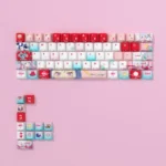 Tsukimi Yachiyo PBT keycap set shown from various angles, highlighting the delicate side-engraved Kanji and design with a subtle side.