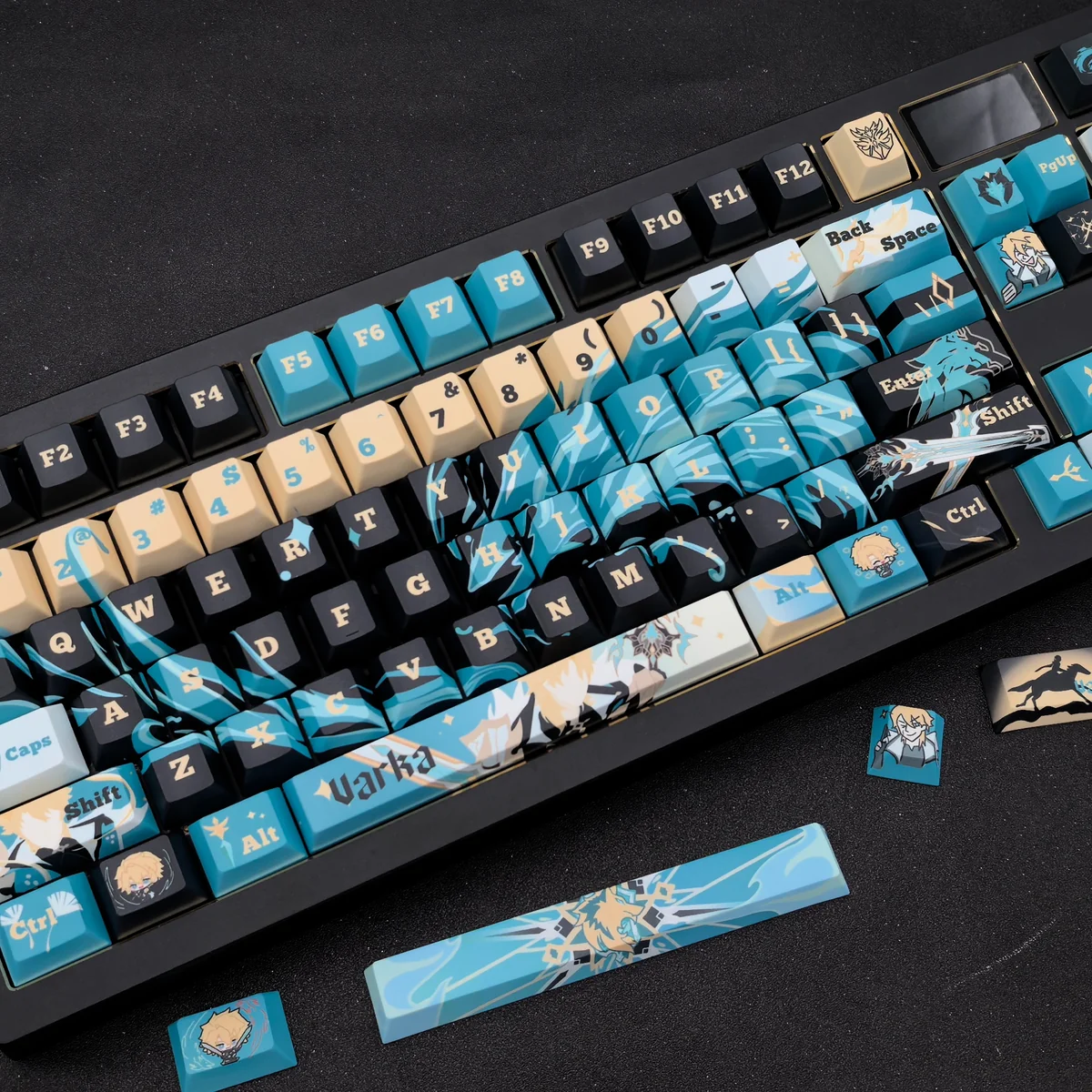 Artistic Varka Genshin Impact PBT dye-sub keycap set, elegantly displaying its intricate character design and scholarly aesthetic from a unique angles.