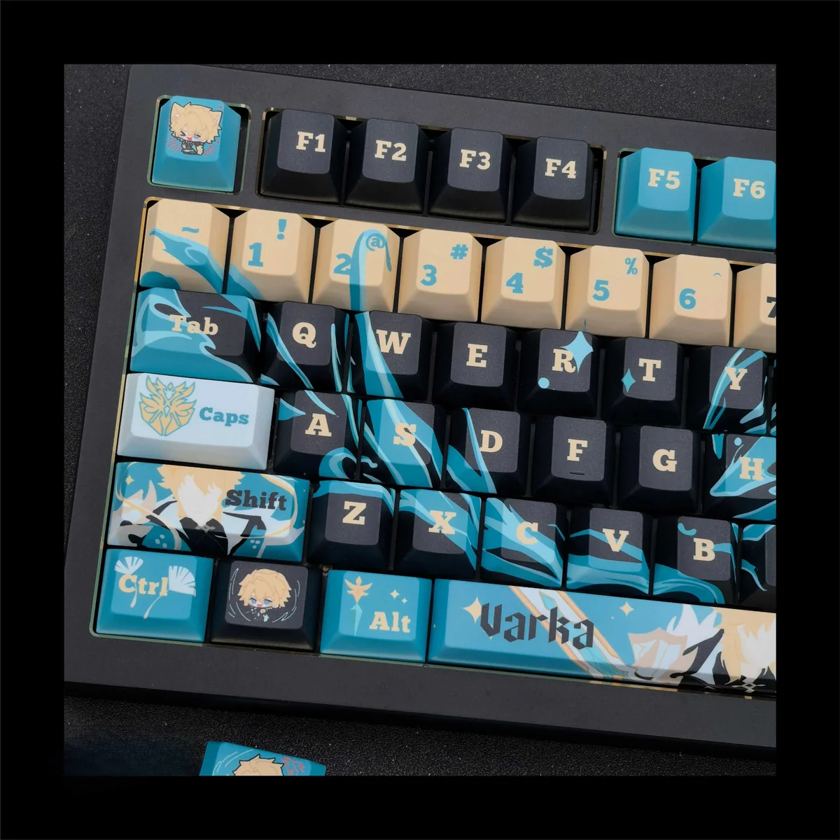 Exquisite Varka keycap set for Genshin Impact, featuring PBT dye-sublimation. View detailed artistry and scholarly elegance from various angles.