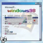 Vibrant Windows 98 PBT dye-sub keycap set, 130 keys, showcasing playful retro UI and refractive translucent effects for MX keyboards.