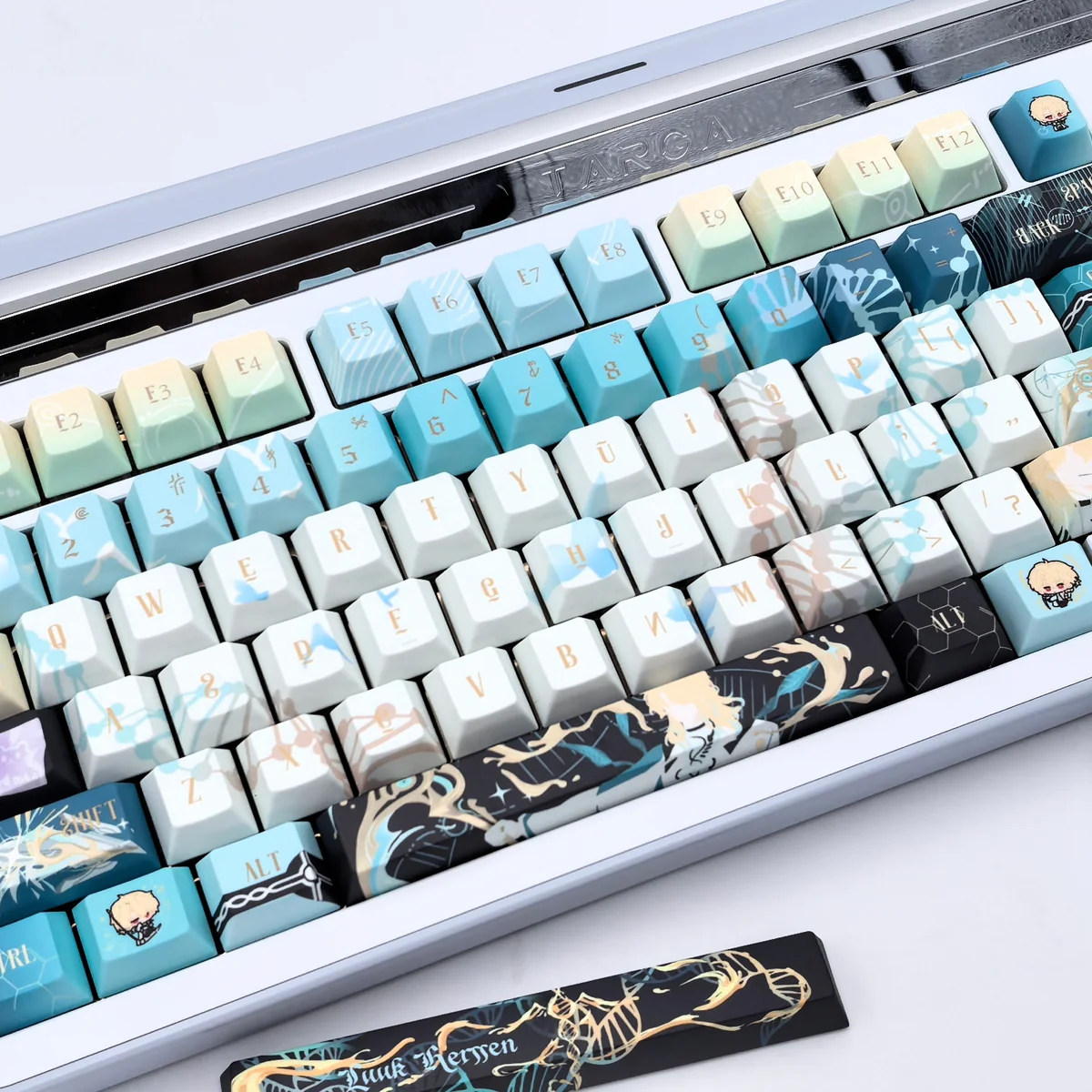 An artistic close-up of the Wuthering Waves Luuk Herssen PBT keycaps, showcasing intricate dark designs and the mysterious enigmatic aura from various angles.