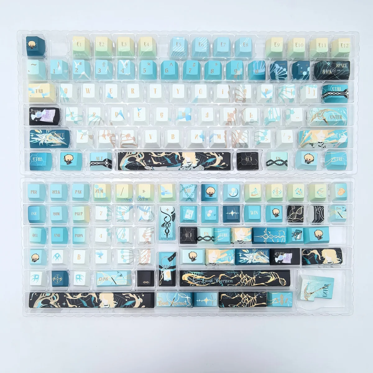 A close-up view of the exclusive Wuthering Waves Luuk Herssen PBT keycaps set, showcasing its dark, mysterious design and enigmatic aura for collectors.