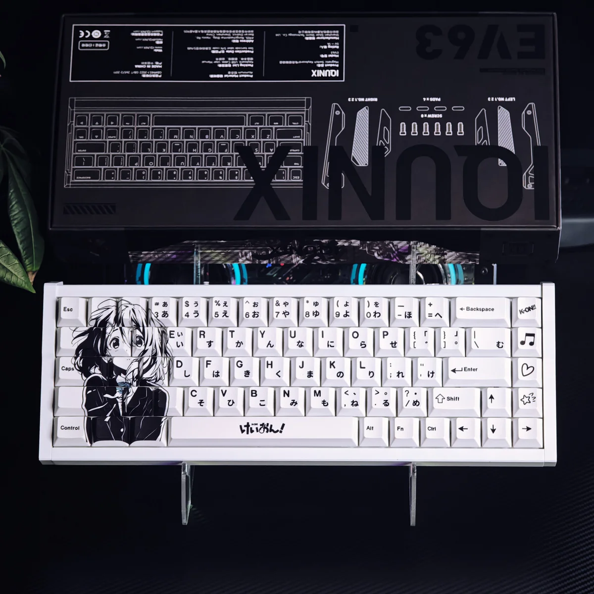 Yui Hirasawa PBT dye-sub keycaps set, showcasing crisp monochrome anime artwork and durable PBT texture from an appealing angle for mechanical keyboard.