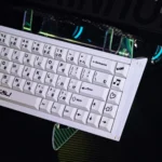 Yui Hirasawa PBT dye-sub keycaps, showcasing durable material and crisp monochrome anime character art from various angles for mechanical keyboards.