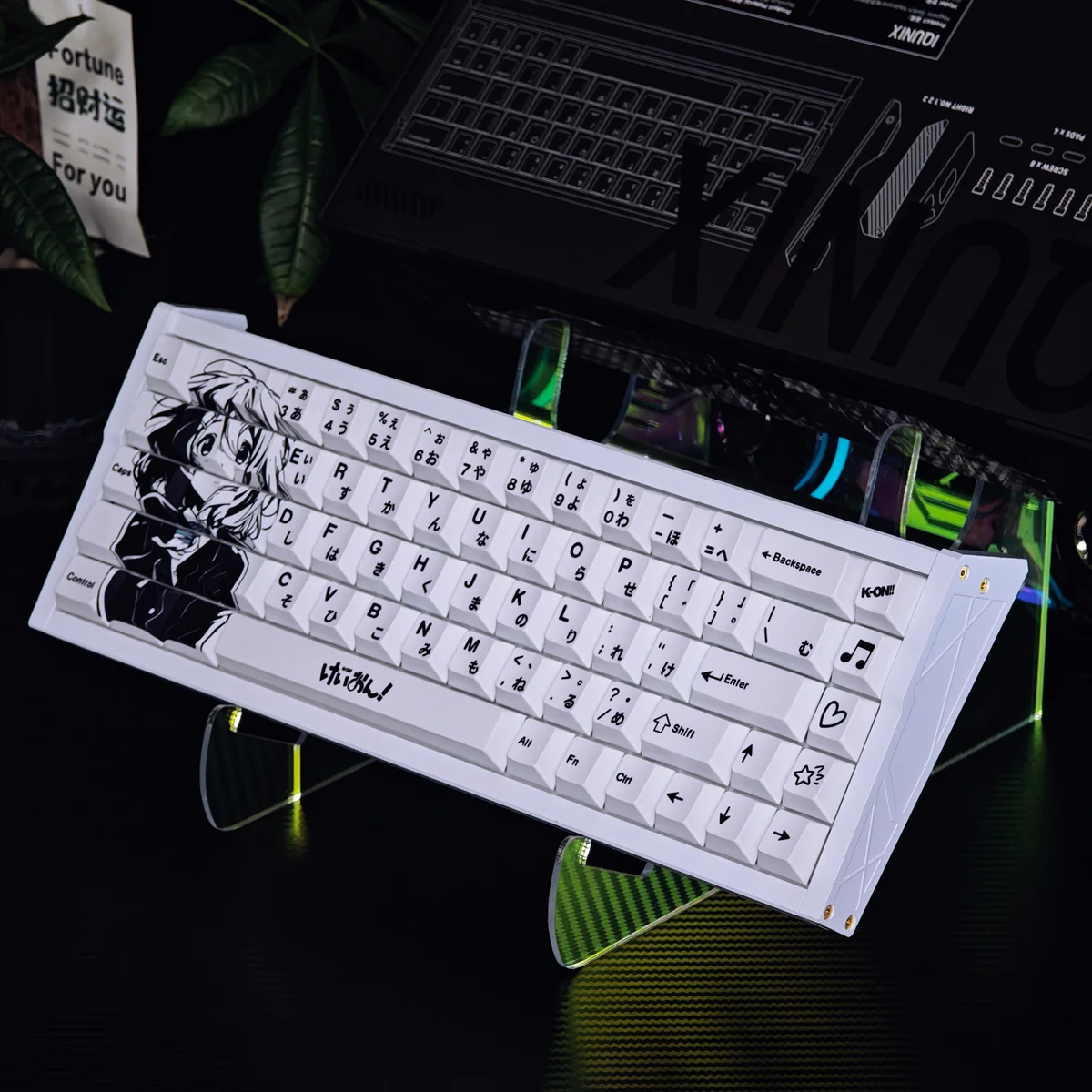 Premium Yui Hirasawa keycaps, PBT dye-sublimated, showcasing crisp monochrome anime character art on a classic mechanical keyboard, emphasizing durable.