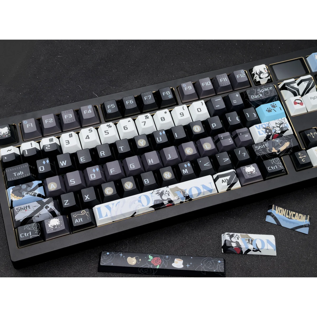 A detailed view of the exclusive Zenless Zone Zero Lycaon PBT Dye-Sub Keycaps set, showcasing multiple angles and the futuristic urban fantasy aesthetic.