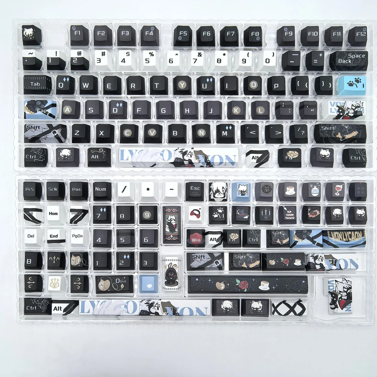 Exclusive Zenless Zone Zero Lycaon PBT Dye-Sub Keycaps set, showcasing intense character-inspired art for a futuristic urban fantasy aesthetic.