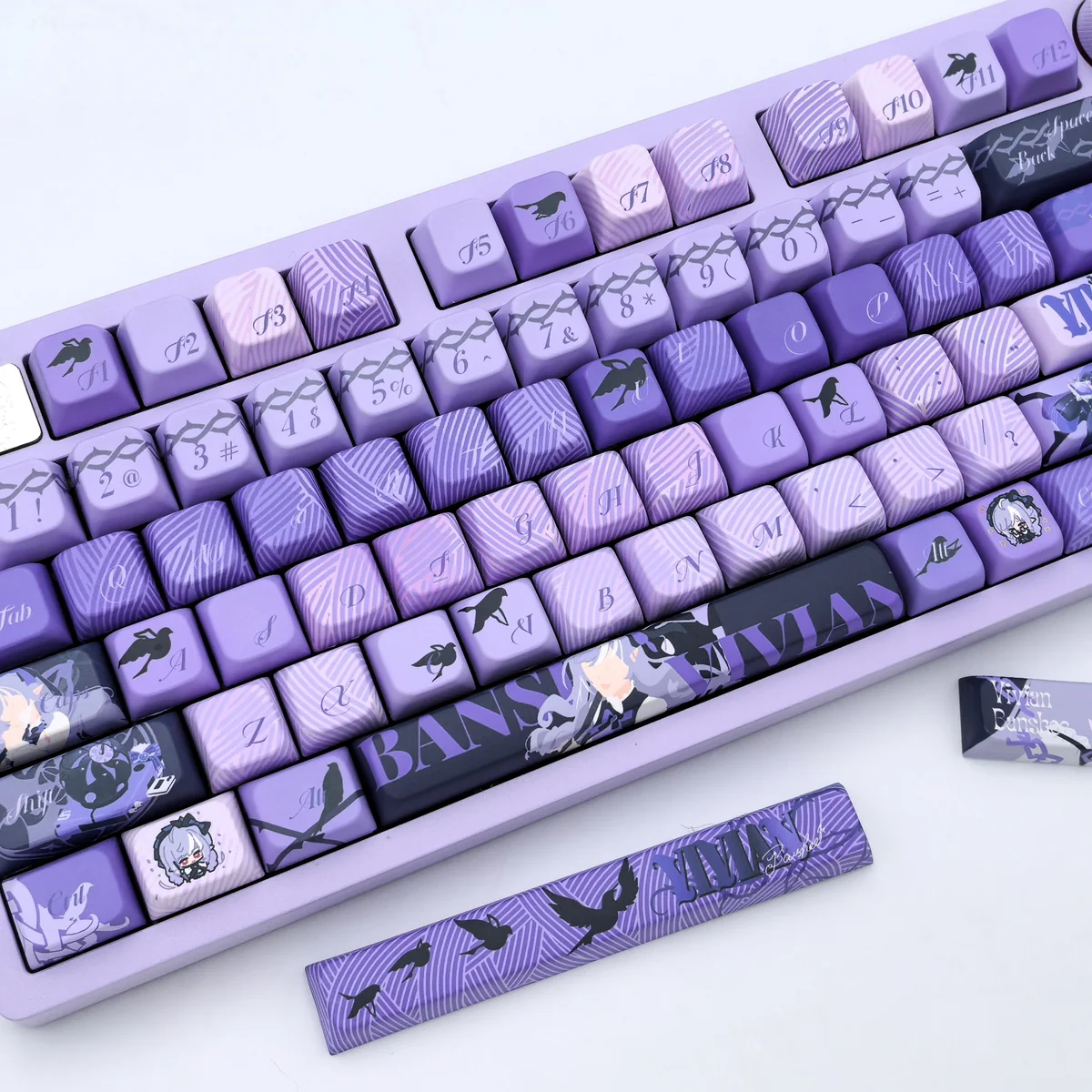 Exclusive Zenless Zone Zero Vivian PBT MDA keycap set displayed from various angles, highlighting its futuristic design and premium character-inspired.