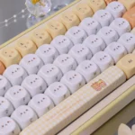 Adorable Rilakkuma & Kaoru PBT Dye-Sub MOA keycap displayed from multiple charming angles, showcasing its whimsical pastel cartoon design.