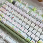 Whimsical Animal Playground Keycaps Set, showcasing vibrant translucent PBT designs of playful characters in a detailed view, highlighting their durability.