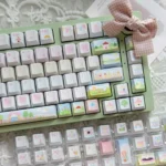 Whimsical Animal Playground PBT translucent keycap set. This detailed view showcases vibrant, playful animal characters from a unique angle, highlighting whimsical touch.