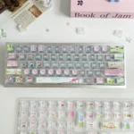 Vibrant Animal Playground keycap set in a translucent PBT set, displayed from multiple angles. Whimsical animal designs frolic, highlighting their durability.