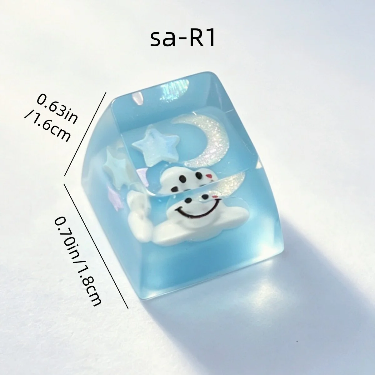 Artisan Cloud Keycap: Handcrafted 3D translucent smiling resin. Dreamy pastel, cheerful, artistic. Visible from all angles.