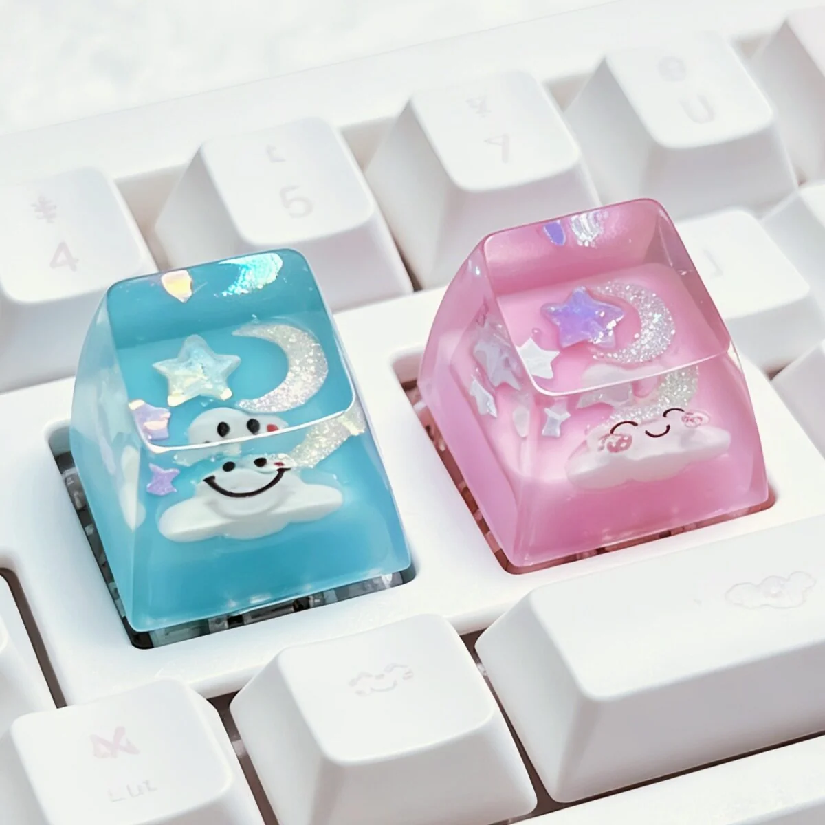 Dreamy Artisan Cloud Keycap, a handcrafted 3D translucent resin keycap with a cheerful smiling cloud design, enhancing any mechanical keyboard.