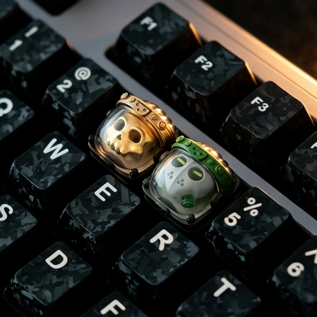 Artistic views of the Delta Force Astronaut Lethal Substance Stinger translucent artisan keycap, highlighting its handcrafted resin, intricate sci-fi astronaut design.