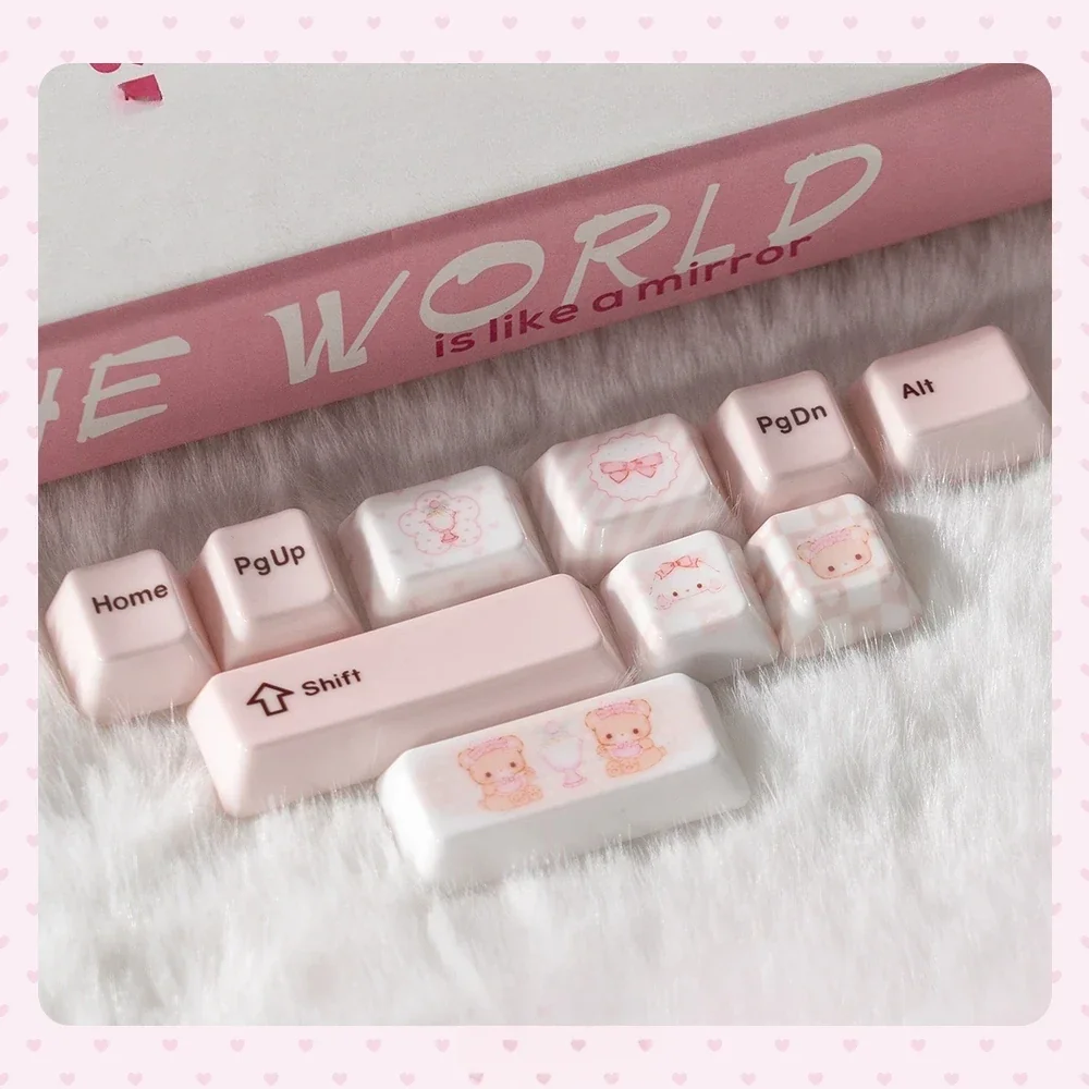 Artistic close-up of the whimsical bear tea party ceramic keycap set, highlighting unique handcrafted details and soft pastel ceramic finish from multiple angles.